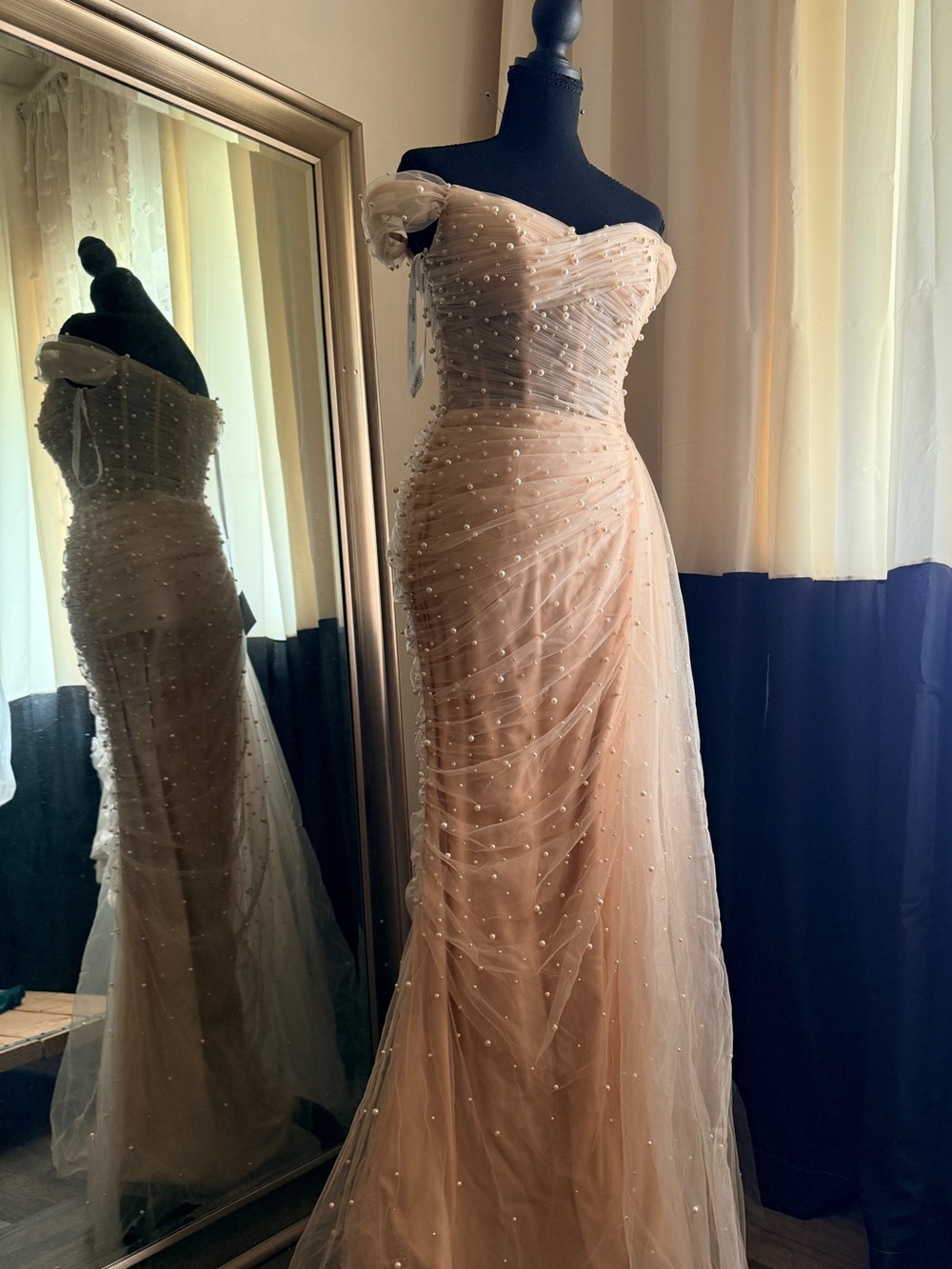 Andrea & Leo Couture | A1219 | Elegant Beaded Off-Shoulder Evening Gown in Blush
